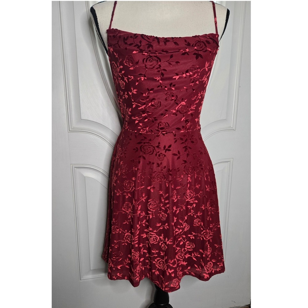 Rewind Burgundy Red Velvet Burnout Rose Midi Dress Medium Y2K Romantic